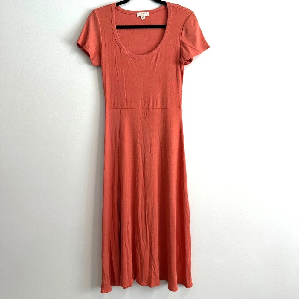 See You Monday Ribbed Short Sleeve Midi Dress Women's Large Orange Side Slit - Picture 1 of 6